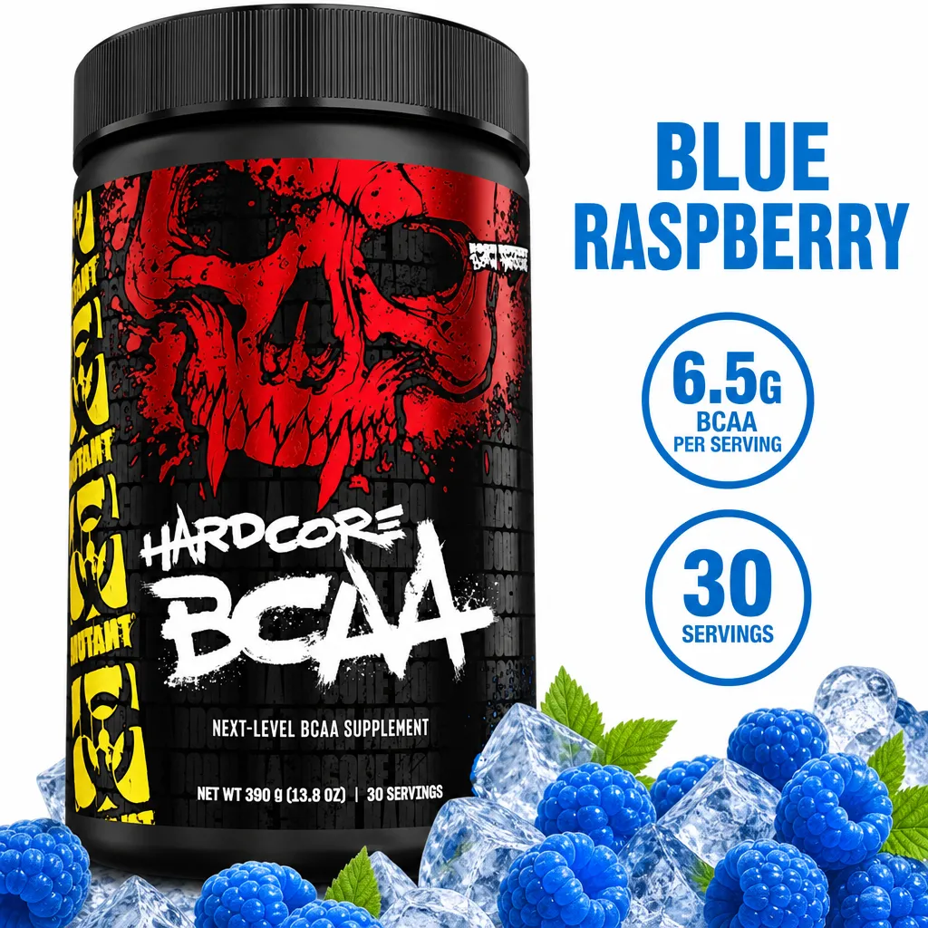 Mutant Hardcore BCAA 390g blue raspberry amino acid supplement with 6.5g BCAAs per serving and 30 servings.