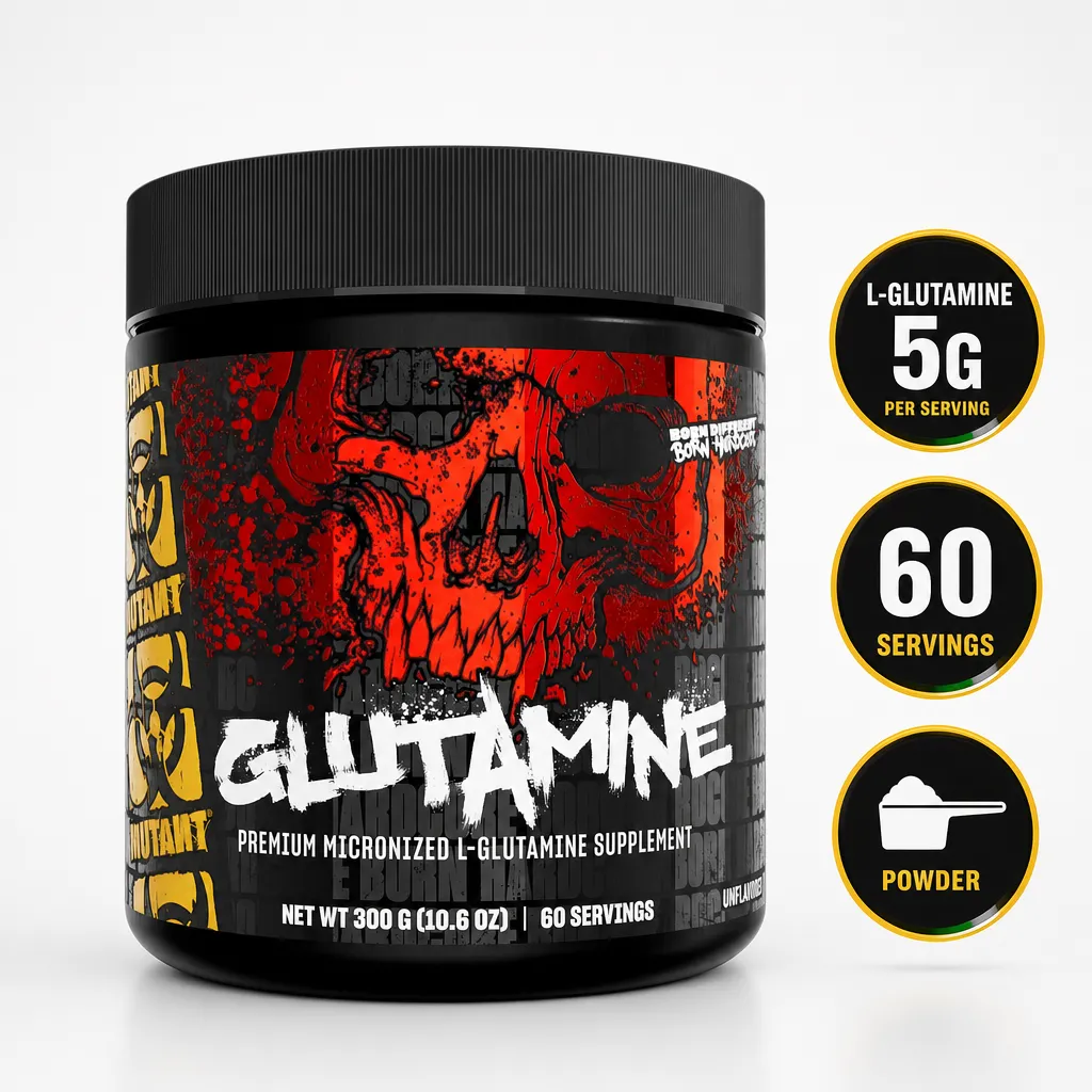 Mutant Glutamine 300g micronized unflavored L-glutamine powder supplement with 60 servings and 5g per serving