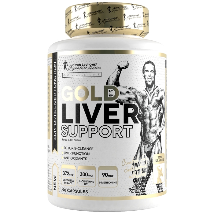 Kevin Levrone Gold Liver Support 90 Capsules liver health supplement with milk thistle extract, L-ornithine HCL, and L-methionine, in a white and gold bottle.