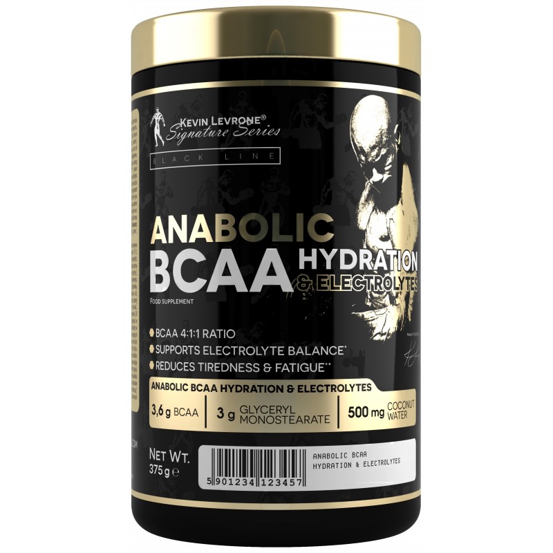 Kevin Levrone Anabolic BCAA Hydration & Electrolytes 375g supplement with BCAA 4:1:1 ratio, electrolytes, and coconut water, in a black and gold container.