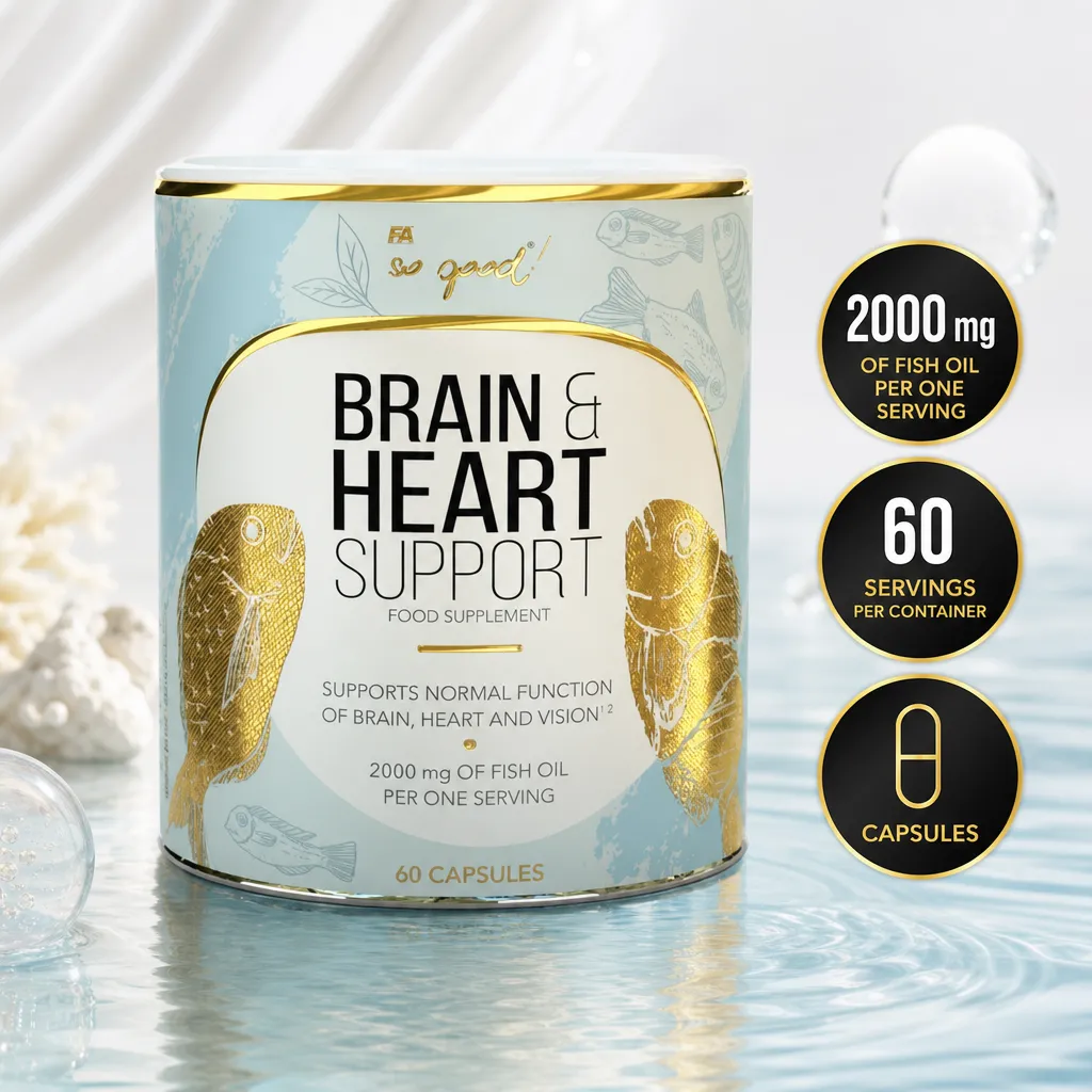FA So Good! Brain & Heart Support fish oil supplement with 2000 mg per serving and 60 capsules in a light blue container