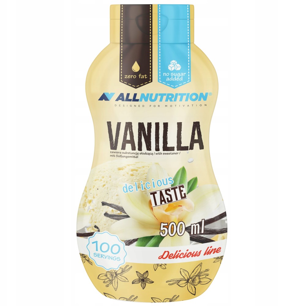 Allnutrition Sweet Sauce 500ml Vanilla, a zero fat, no sugar added vanilla-flavoured sweet sauce with sweetener, suitable for desserts and snacks, in a yellow bottle with vanilla flower graphics.