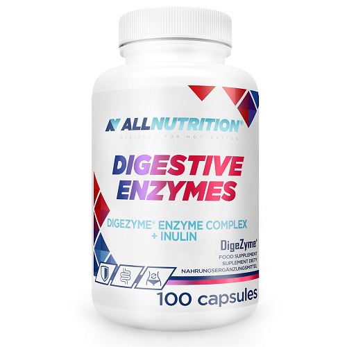 Allnutrition Digestive Enzymes 100 capsules dietary supplement with DigeZyme enzyme complex and inulin, white bottle with geometric accents.