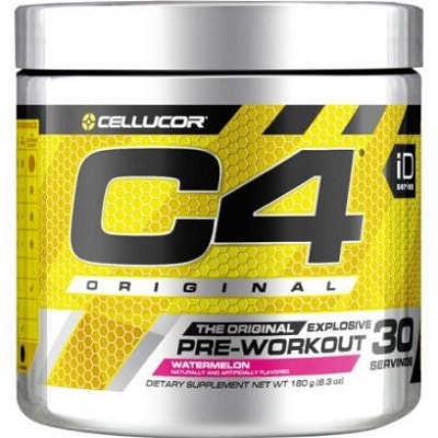 Cellucor C4 Original Pre-Workout 30 servings in watermelon flavour, a dietary supplement powder for energy and performance, in a yellow and silver tub.