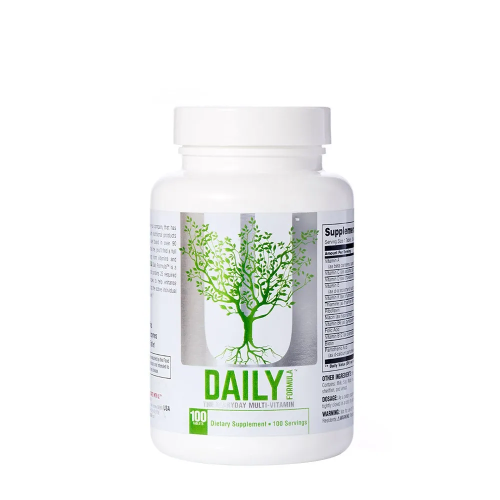 Universal Nutrition Daily Formula 100 Tabs multivitamin supplement with 25 essential vitamins and minerals, digestive enzyme complex, and 100 servings per bottle.
