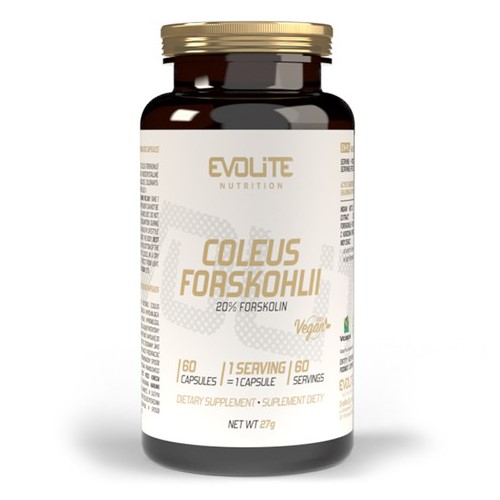 Evolite Coleus Forskohlii dietary supplement, 60 vegan capsules with 20% forskolin, in a brown bottle with gold lid.