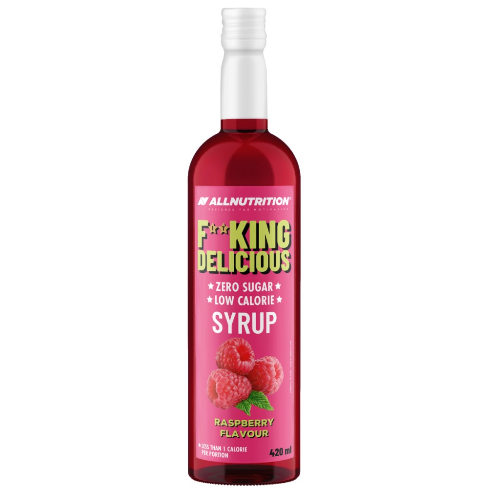 Allnutrition Fitking Delicious Syrup zero sugar, low calorie raspberry flavour syrup in a 420ml bottle, pink label with raspberry image.