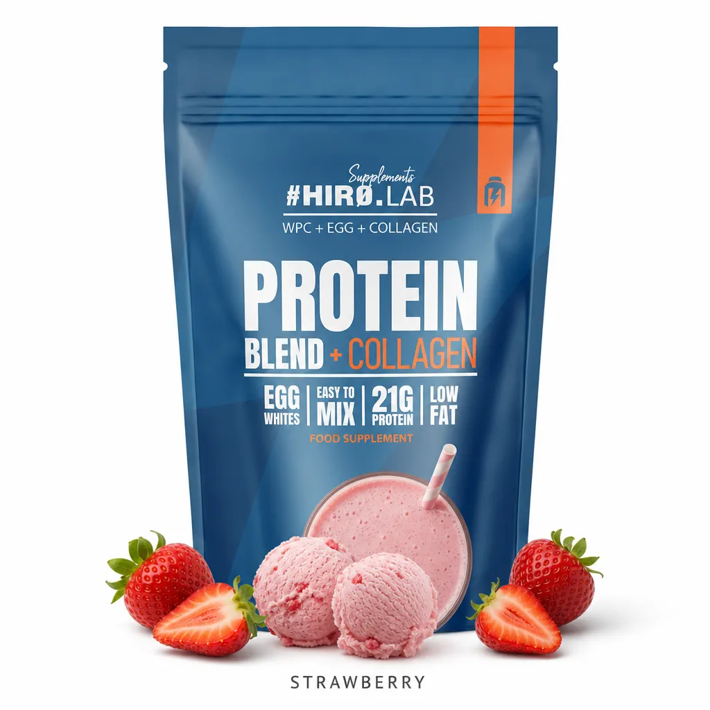 Hiro Lab Protein Blend + Collagen 750g strawberry flavor protein supplement with whey, egg, and collagen, featuring low fat, 21g protein per serving, and easy mixing.