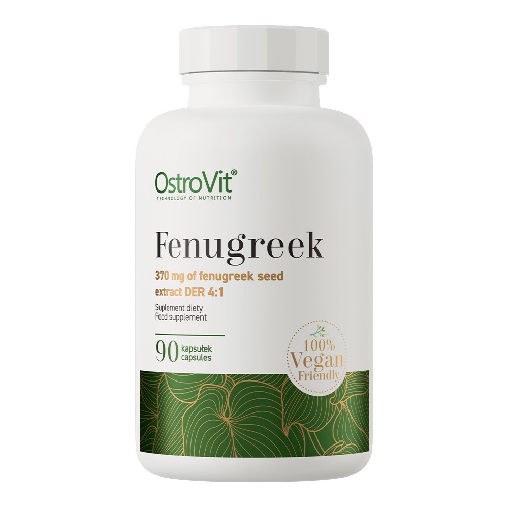 OstroVit Fenugreek 90 capsules vegan-friendly dietary supplement with 370 mg fenugreek seed extract DER 4:1, in a white bottle with green and gold accents.