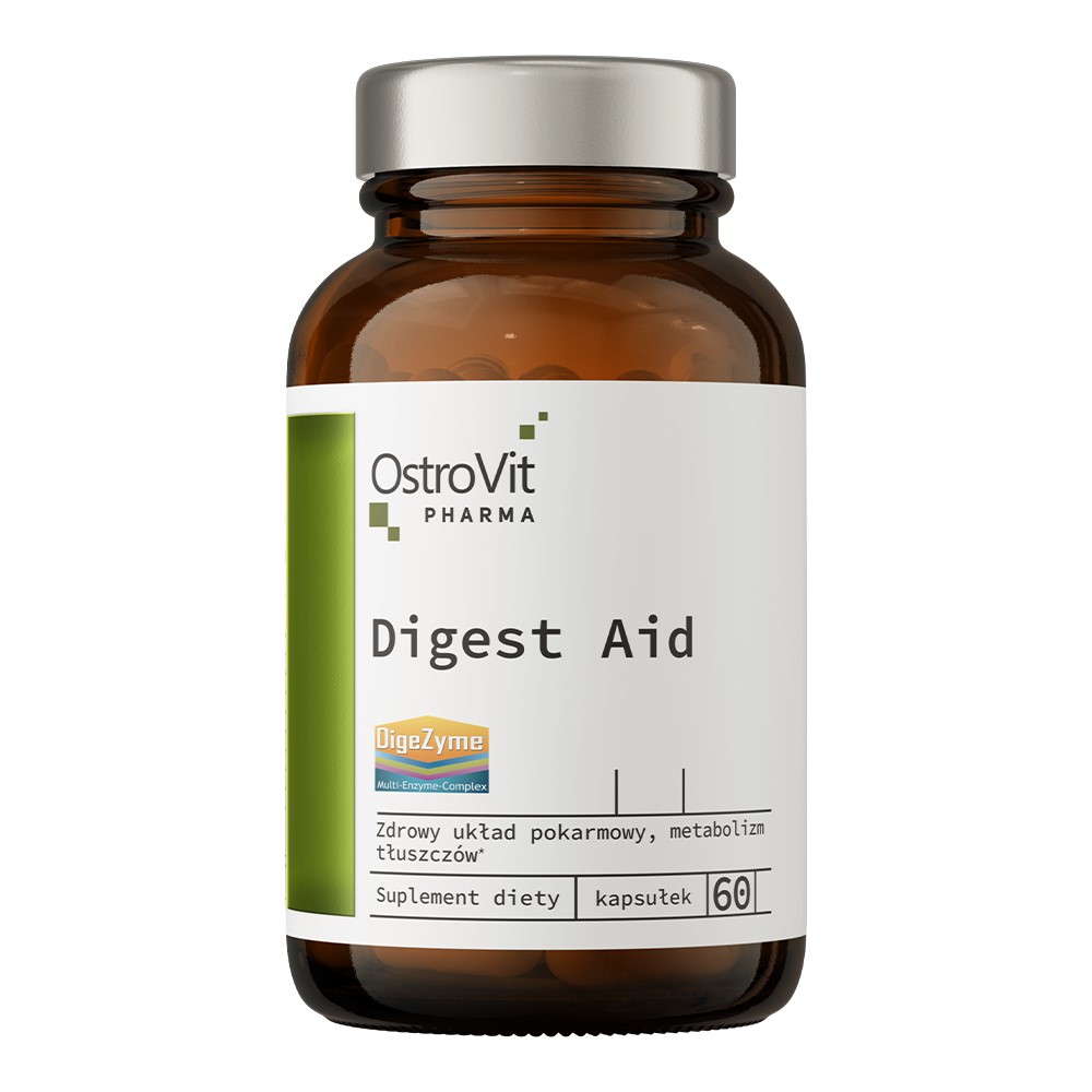 OstroVit Pharma Digest Aid 60 kapsułek digestive enzyme supplement in a brown glass bottle with white and green label, contains DigeZyme multi-enzyme complex.