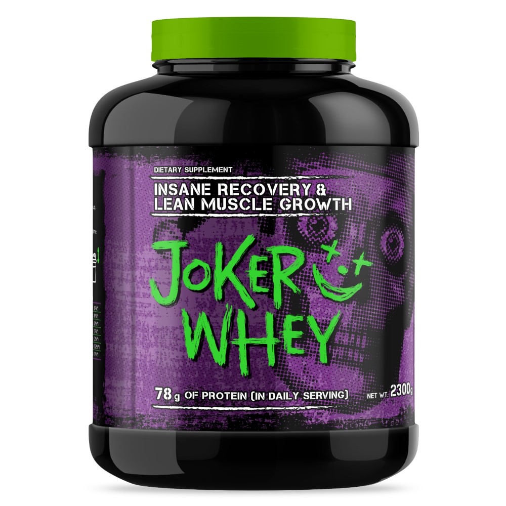 Joker Whey 2300g large protein powder tub with Joker Nutrition branding, suitable for athletes and fitness enthusiasts.