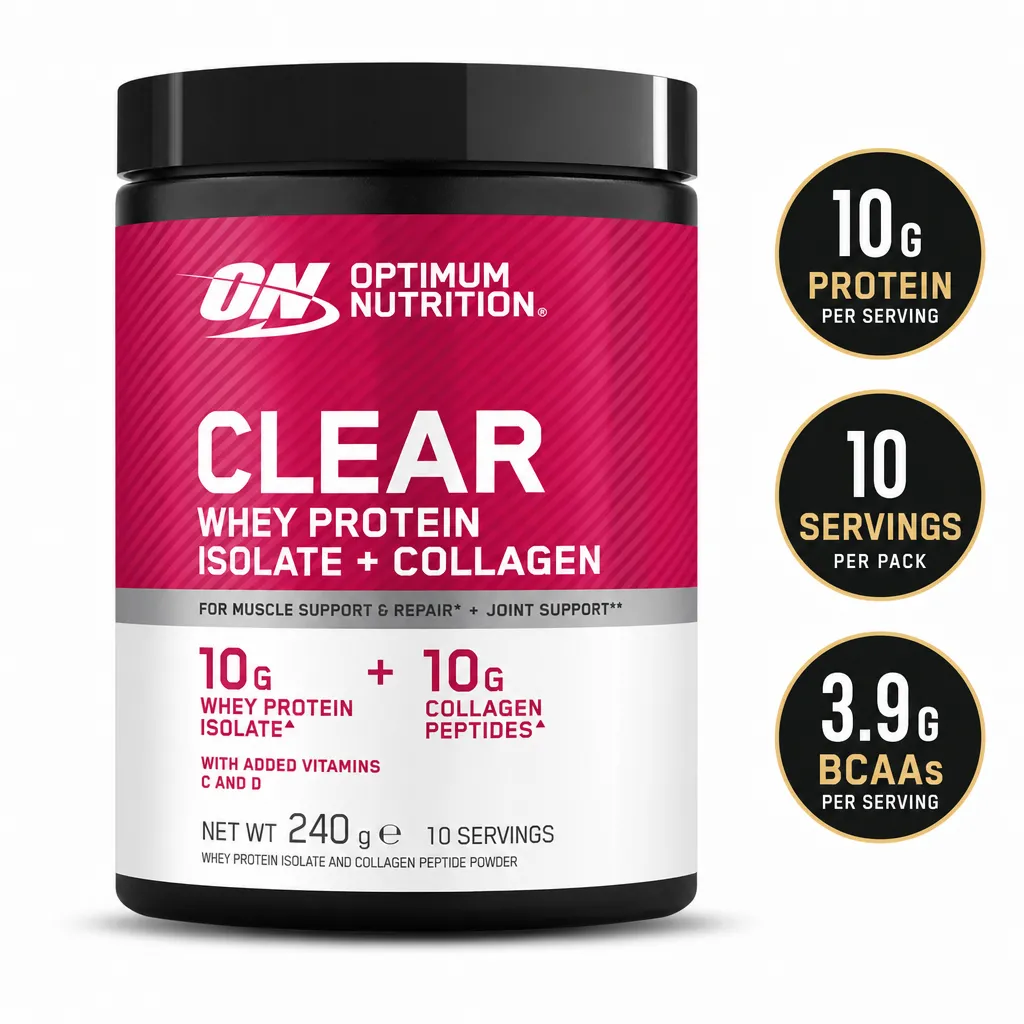 Optimum Nutrition Clear Whey Protein Isolate + Collagen 240g powder supplement tub with 10 servings and vitamins C and D