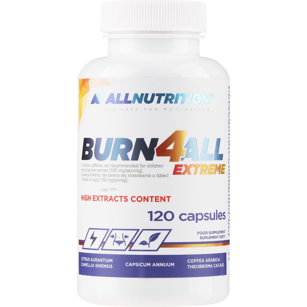 Allnutrition Burn4All Extreme 120 capsules fat burner supplement with high extracts content, containing citrus aurantium, camellia sinensis, capsicum annuum, coffea arabica, and theobroma cacao.