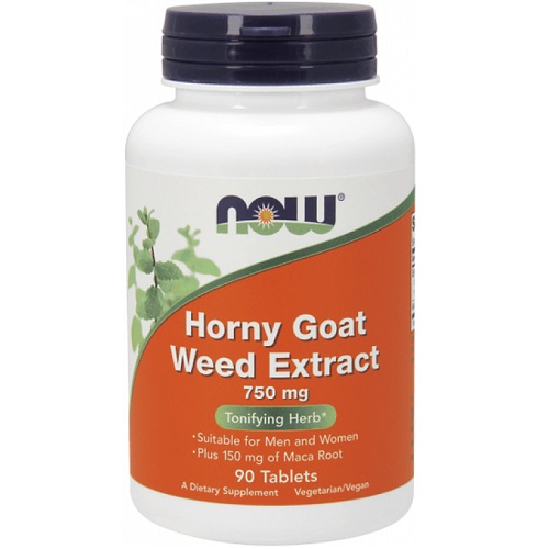 NOW Foods Horny Goat Weed Extract 750mg dietary supplement for men and women, 90 tablets, with maca root, in a white bottle with orange and green label.