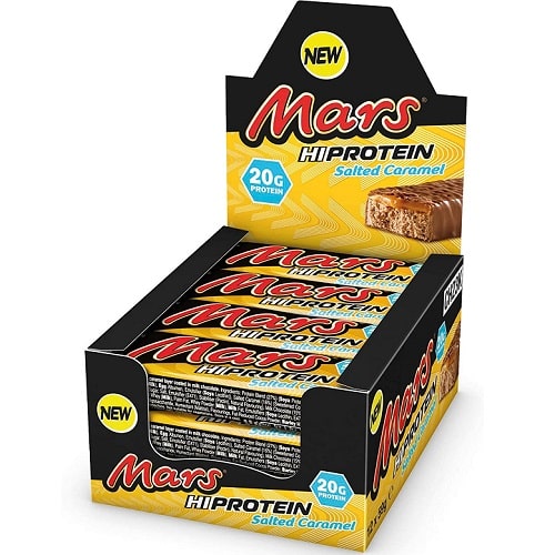 Mars HiProtein Salted Caramel protein bar box, 59g bars, high protein snack with salted caramel flavour, black and yellow packaging, 20g protein per bar.