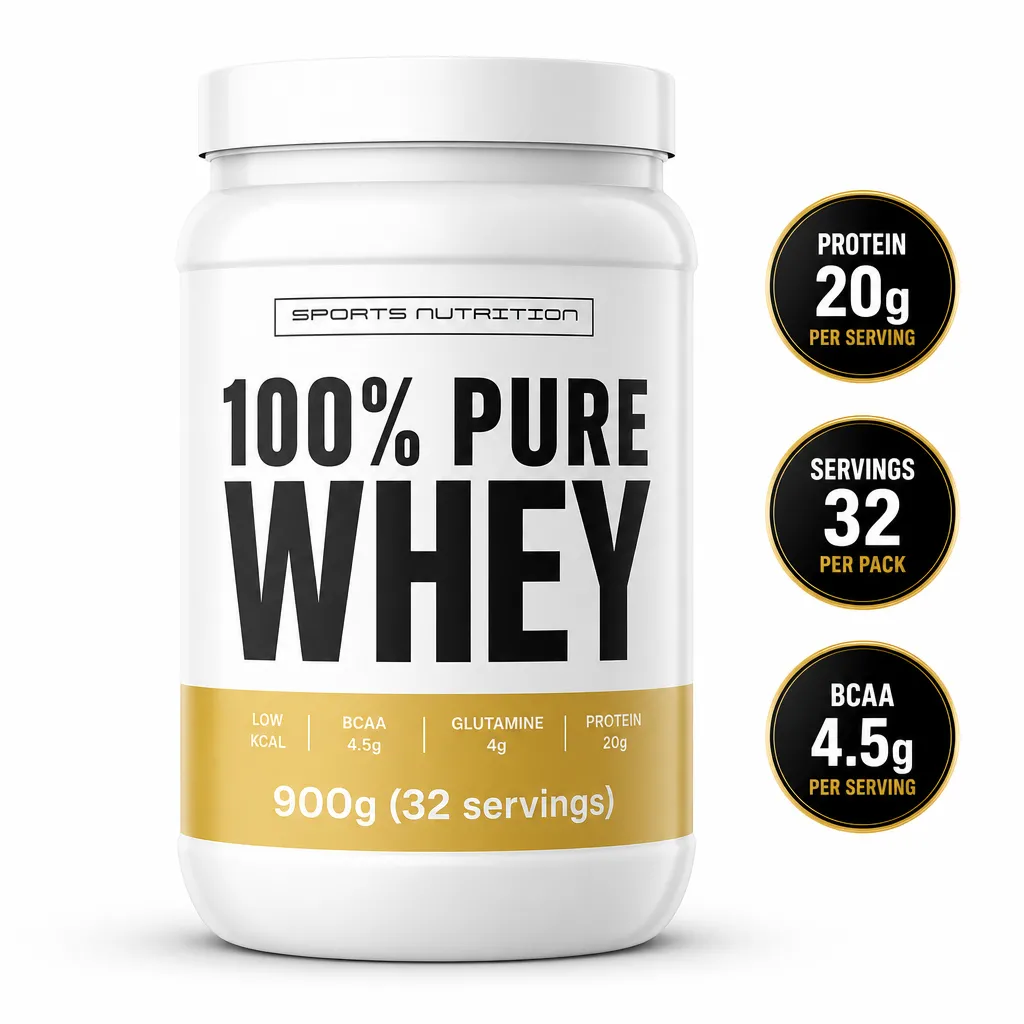 Sports Nutrition 100% Pure Whey 900g whey protein powder tub in white and gold, with 20g protein per serving