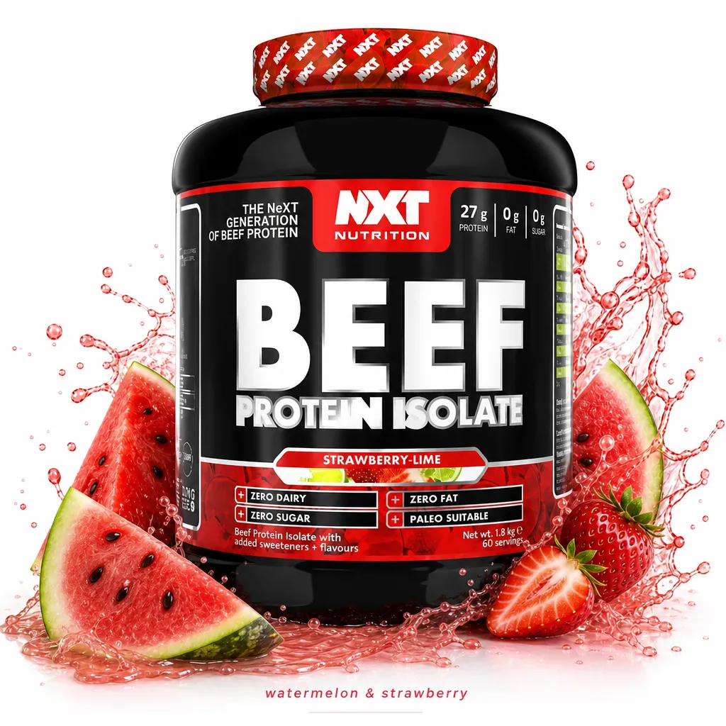 NXT Nutrition Beef Protein Isolate 1800g strawberry-lime flavour, high-protein, zero dairy, zero fat, zero sugar, paleo suitable, with watermelon and strawberry imagery.