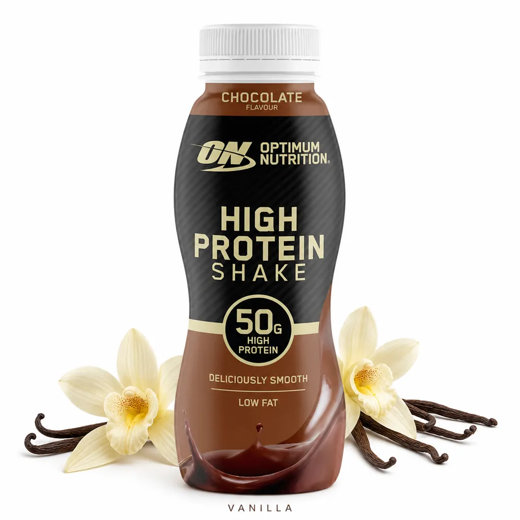 Optimum Nutrition High Protein Shake 500ml chocolate flavour, featuring 50g protein per bottle, low fat, and vanilla bean accents for a smooth, rich taste.