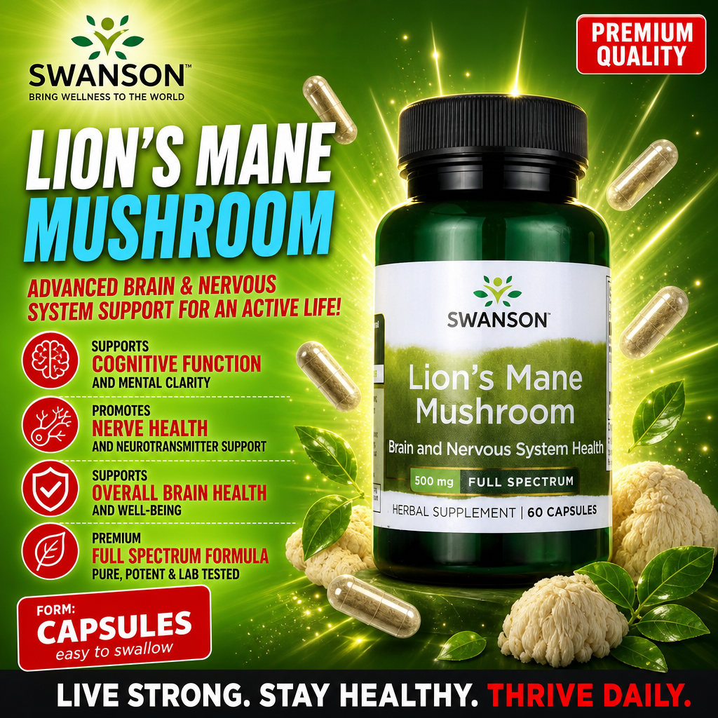 Swanson Lion's Mane Mushroom 500mg Full Spectrum capsules, herbal supplement for brain and nervous system health, 60 count, green bottle with white label.