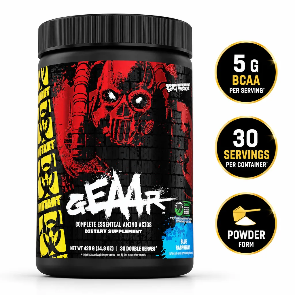 Mutant GEAAR EAA and BCAA powder supplement in Blue Raspberry flavour, 30 servings, black tub with red and blue label