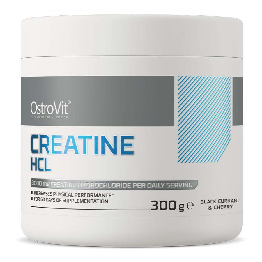 OstroVit Creatine HCL 300g black currant and cherry flavour creatine hydrochloride supplement for physical performance, in a white tub with blue and grey accents.