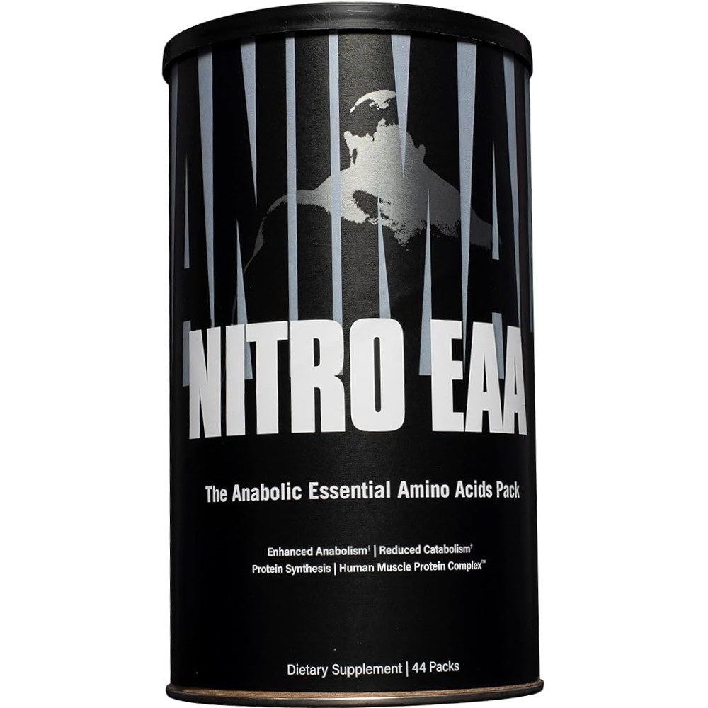 Universal Nutrition Animal Nitro EAA 44 Packs anabolic essential amino acids supplement in a black cylindrical container, designed for muscle support and recovery.