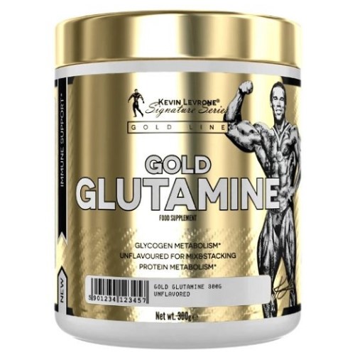 Kevin Levrone Gold Glutamine 300g unflavoured glutamine powder supplement in a gold and white tub, part of the Signature Series.