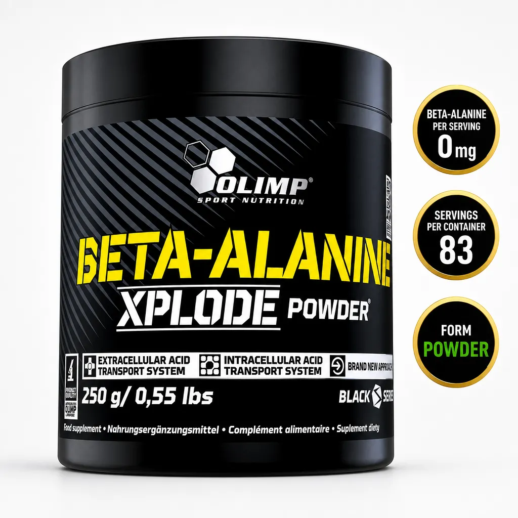 Olimp Beta Alanine Xplode 250g powder supplement in a black tub with bold yellow and white branding