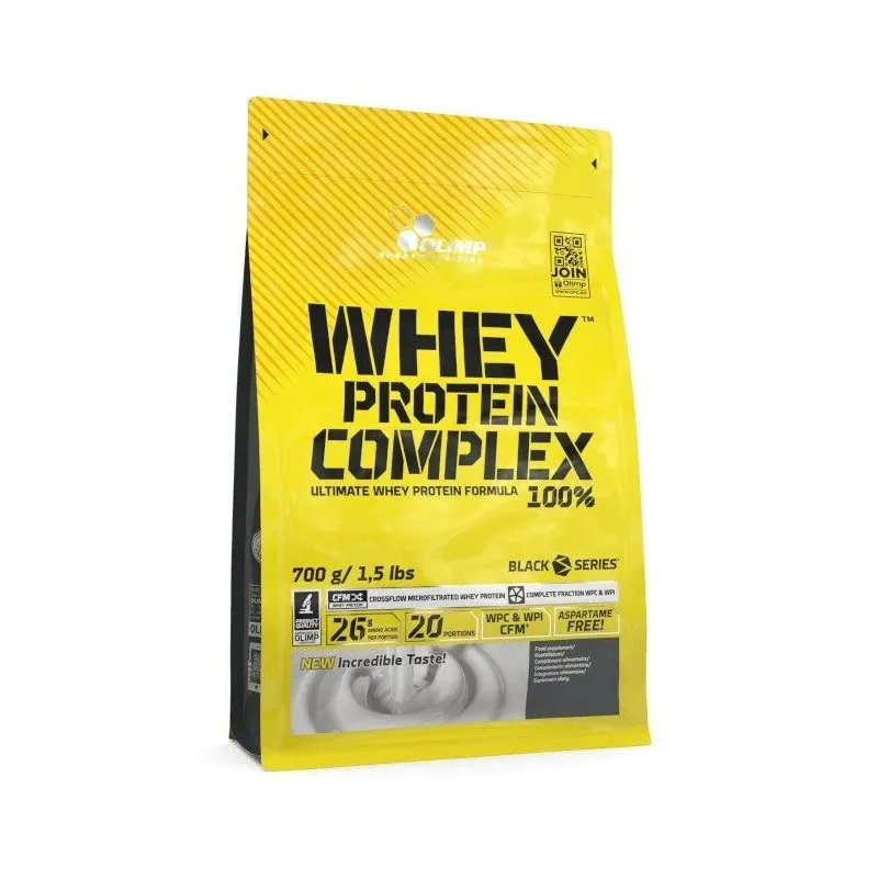 Olimp Protein Complex 100% 700g whey protein powder, a whey concentrate and isolate blend in a yellow pouch.