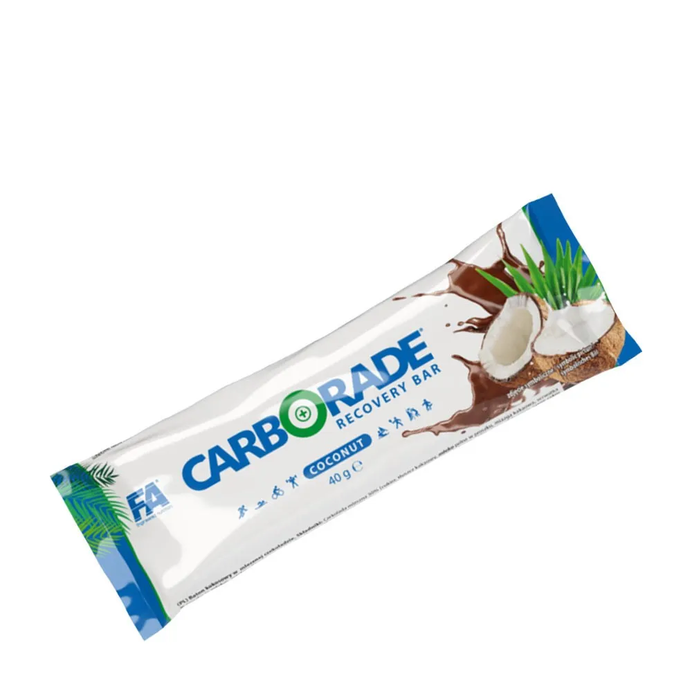 FA Nutrition Carborade Recovery Bar Coconut is a 40g post-workout nutrition bar with milk chocolate coating and coconut flavor, designed for athletes.