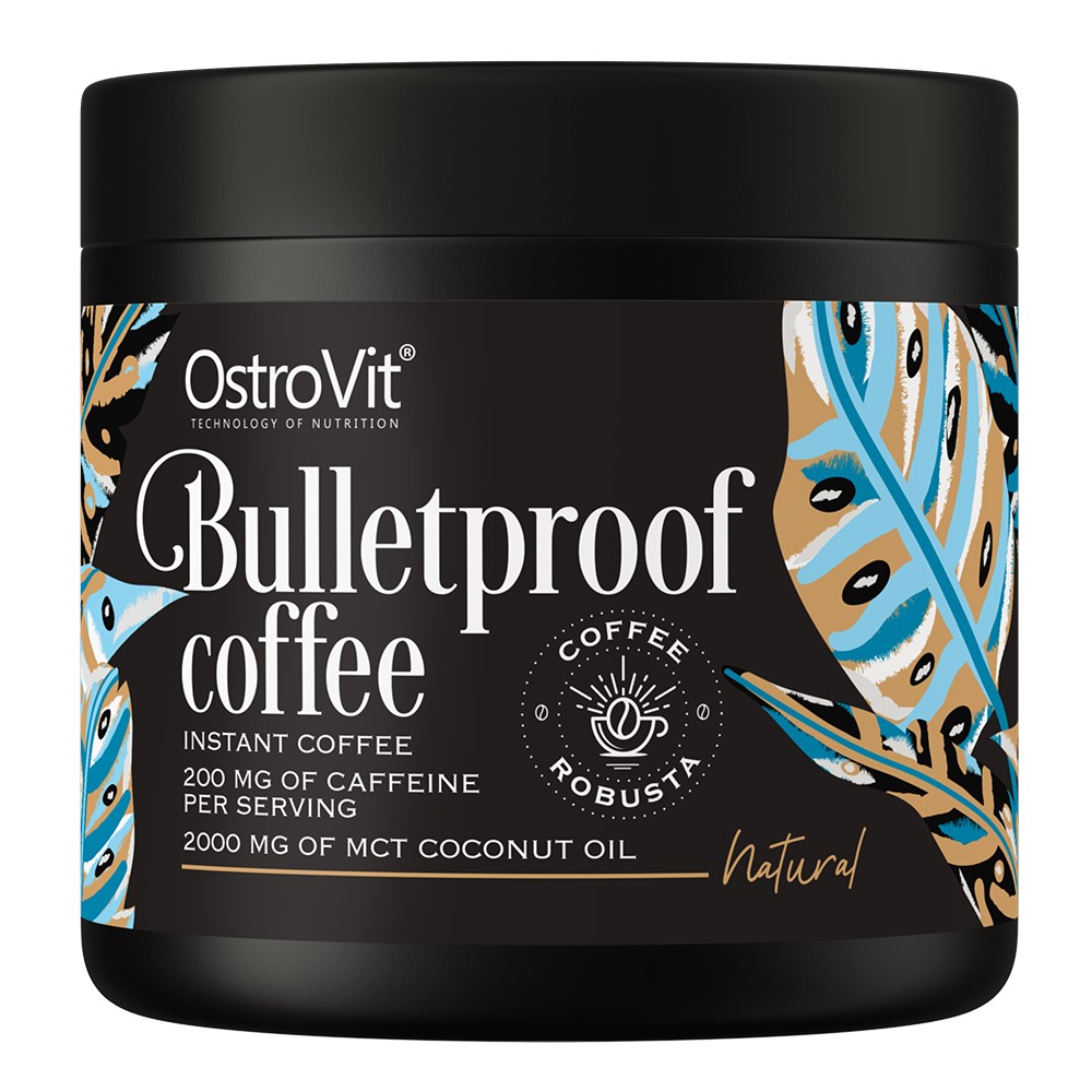 OstroVit Bulletproof Coffee instant coffee with 200 mg caffeine and 2000 mg MCT coconut oil per serving, natural flavour, in a black jar with a colourful leaf design.