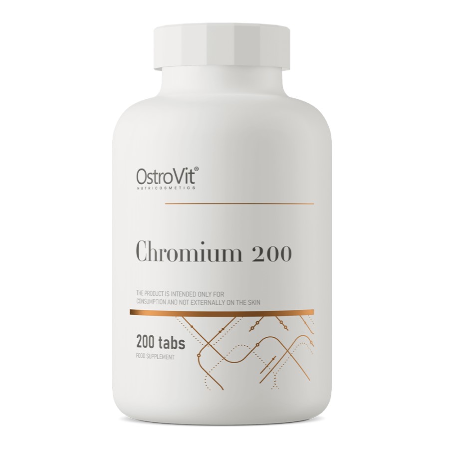 OstroVit Chromium 200 food supplement, 200 tablets, in a white bottle. This product is designed to provide chromium in tablet form for dietary supplementation.