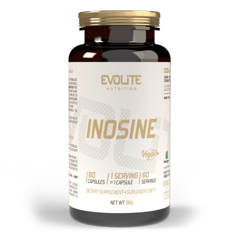 Evolite Inosine vegan dietary supplement, 60 capsules per bottle, designed for supplementation, with a white and gold label.