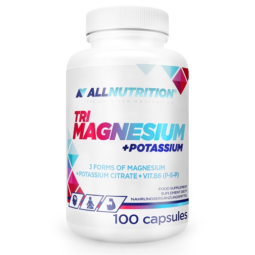 Allnutrition TRI Magnesium + Potassium, a dietary supplement with 3 forms of magnesium, potassium citrate, and vitamin B6, in a white bottle containing 100 capsules.