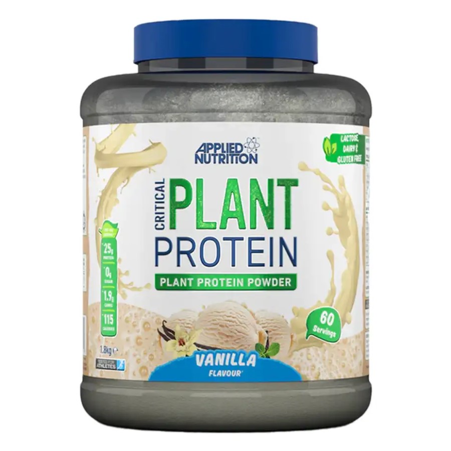 Applied Nutrition Critical Plant Protein vanilla flavour plant protein powder, 1.8kg tub, suitable for lactose, dairy, and gluten free diets, 60 servings.
