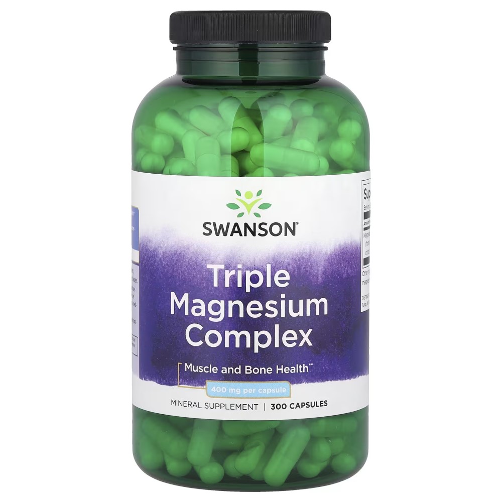 Swanson Triple Magnesium Complex 400mg mineral supplement in a bottle containing 300 green capsules, designed for muscle and bone health support.