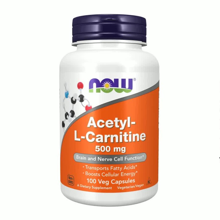 NOW Acetyl-L-Carnitine 500 mg dietary supplement in a bottle containing 100 vegetarian capsules, supports brain and nerve cell function, orange and white label.
