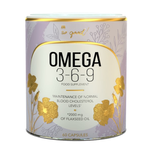 FA So Good! Omega 3-6-9 food supplement, 60 capsules, with 2000 mg of flaxseed oil, designed to support normal blood cholesterol levels. Decorative gold and lavender packaging.