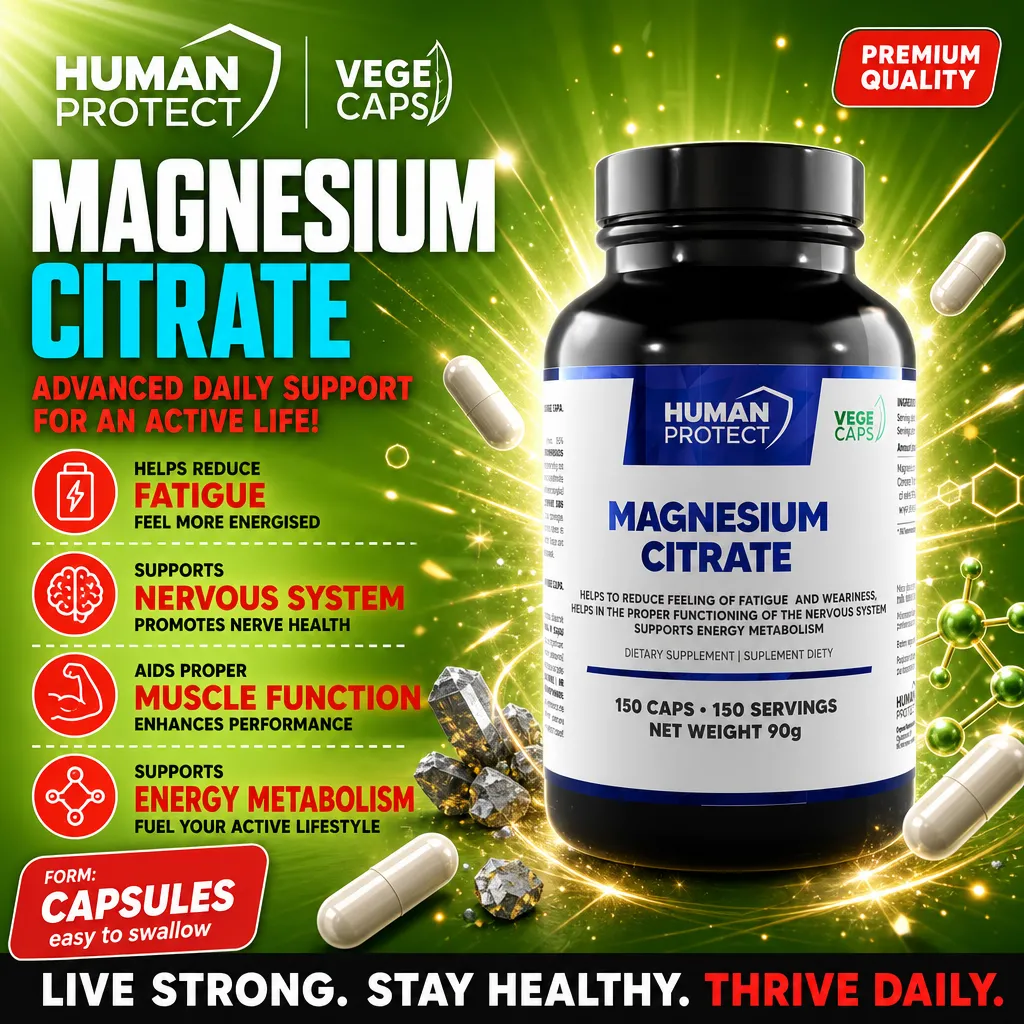 Human Protect Magnesium Citrate 150 Caps dietary supplement in vege capsules, supports fatigue reduction, nervous system, muscle function, and energy metabolism, black bottle with blue and white label.
