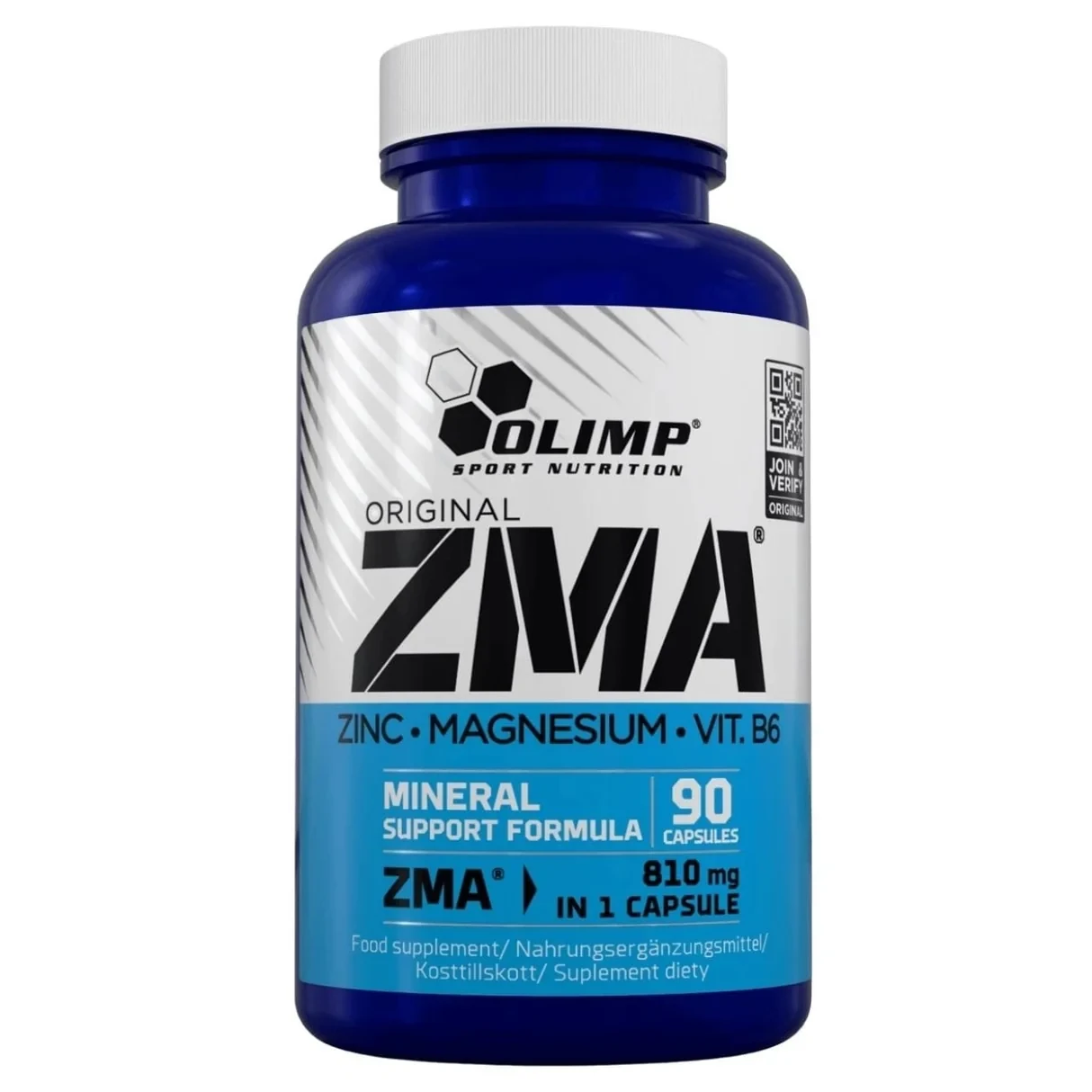 Olimp ZMA 90 Caps zinc, magnesium and vitamin B6 capsule supplement in a blue bottle, with 90 capsules.