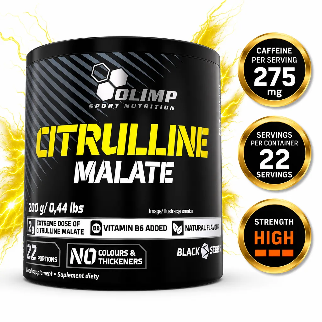 Olimp Citrulline Malate 200g powdered sports supplement with vitamin B6 in a black tub, providing 22 servings