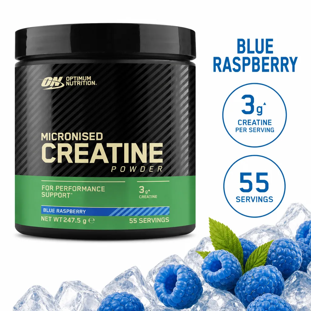 Optimum Nutrition Micronised Creatine Powder, blue raspberry flavour, 247.5g tub with 3g creatine per serving and 55 servings.