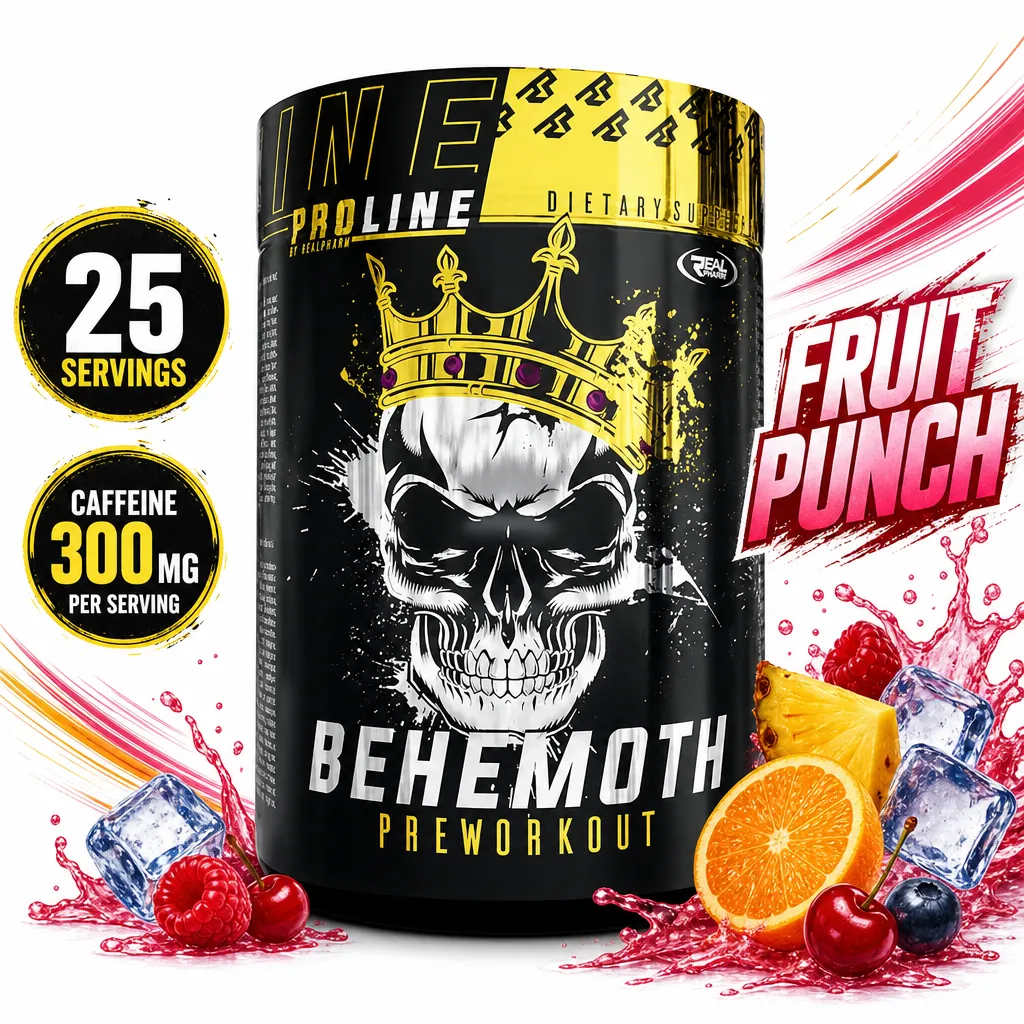 Real Pharm Behemoth 500g fruit punch pre-workout powder in a black tub, with 25 servings and 300mg caffeine per serving.