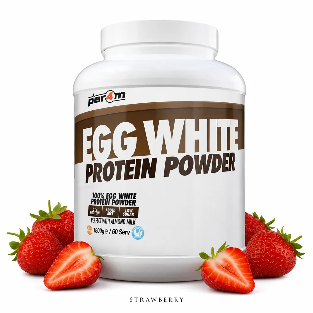 Per4m Egg Protein 1800g Strawberry is a lactose-free egg white protein powder with 21g protein per serving, low fat, low sugar, and added MCTs for energy.