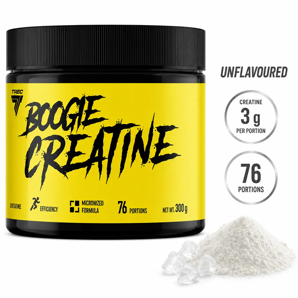 Trec Nutrition Boogie Creatine 300g unflavoured micronized creatine powder, with 3g creatine per portion and 76 portions.