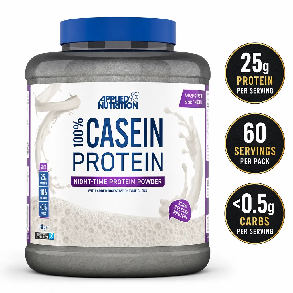 Applied Nutrition 100% Casein Protein powder, 1800g tub with 25g protein per serving and slow-release nighttime formula