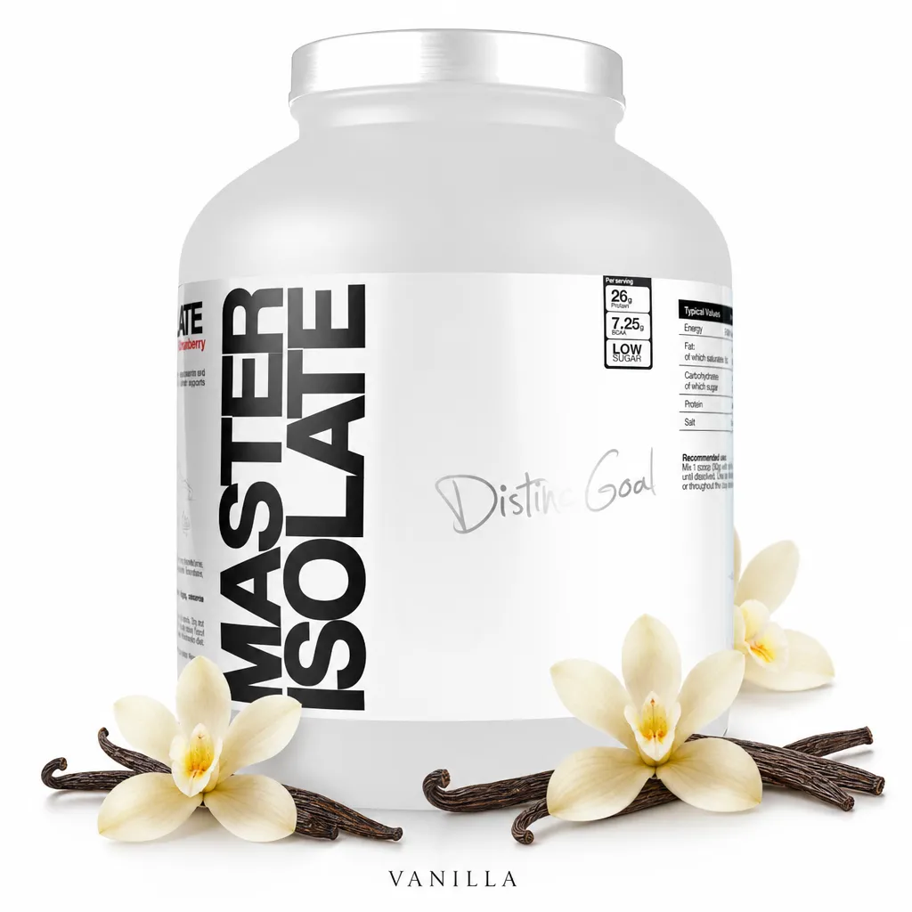 Master Nutrition Isolate 1000g vanilla whey protein isolate powder, featuring a white container with bold black text and vanilla beans and flowers indicating the vanilla flavor.