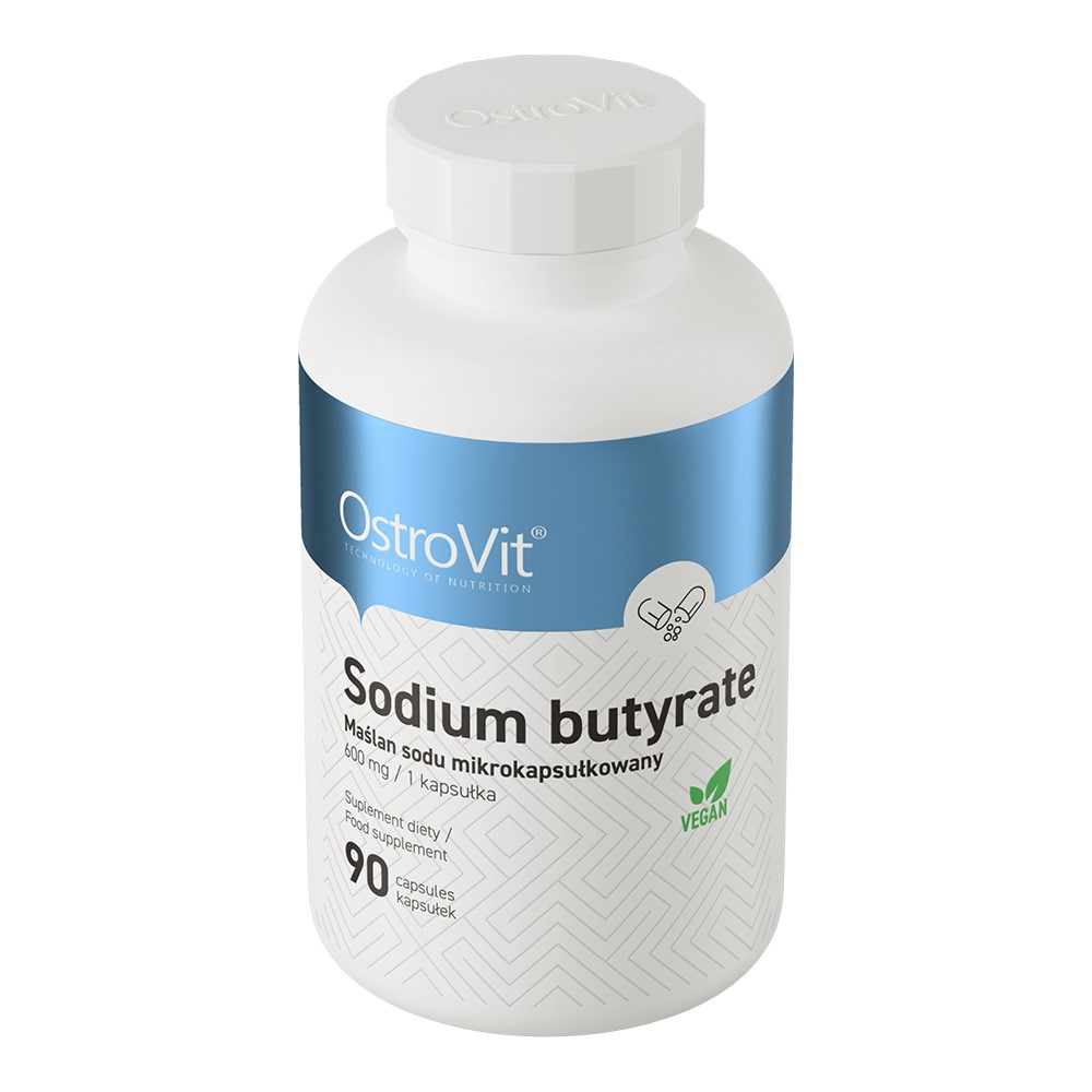 OstroVit Sodium Butyrate vegan food supplement, 90 capsules, 600 mg per capsule, with blue and white packaging.