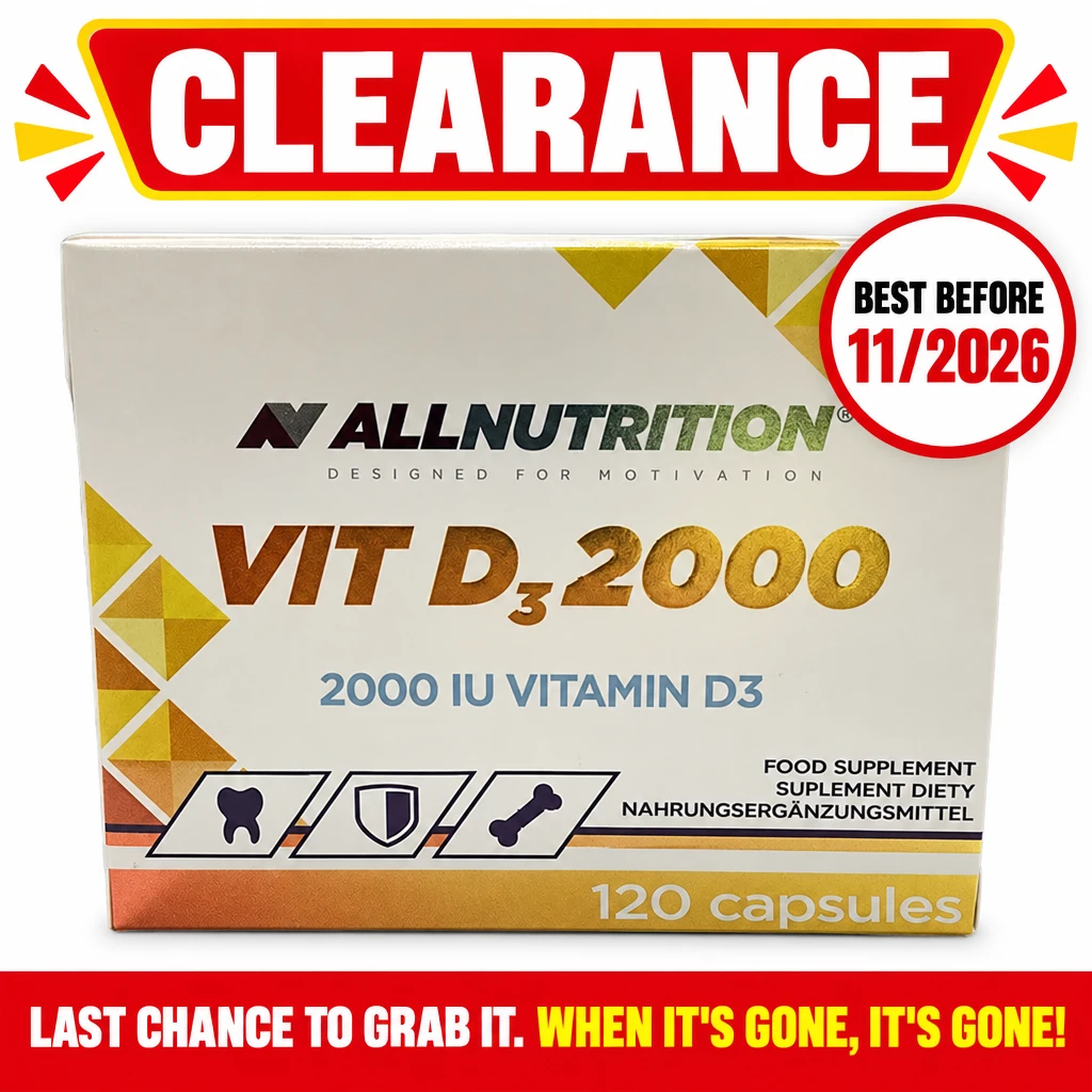 Allnutrition Vit D3 2000 IU vitamin D supplement, 120 softgels in a white and gold box, best before 11/2026.