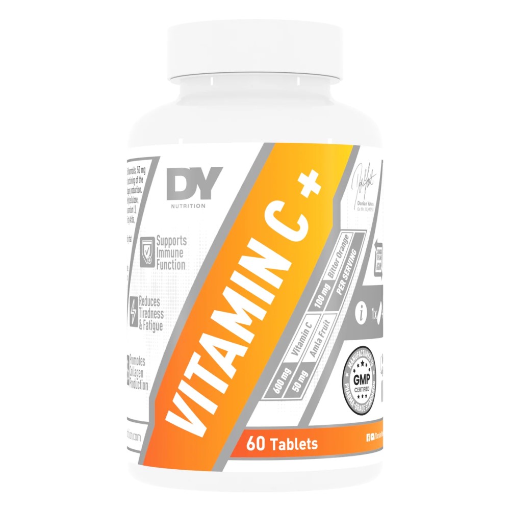 Dorian Yates Vitamin C+ 60 Tabs bottle, white container with branded label, containing 60 supplement tablets